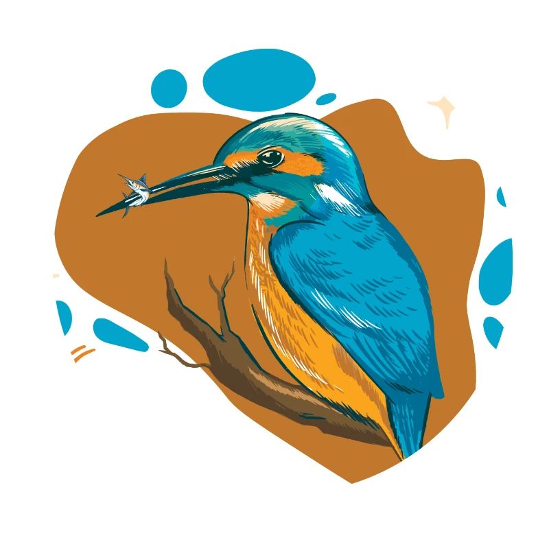 Eisvogel auf Ast mit Fisch in Schnabel