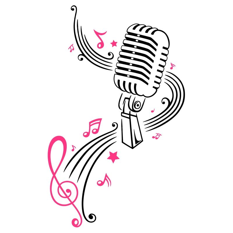 Retro microphone with music notes and clef.