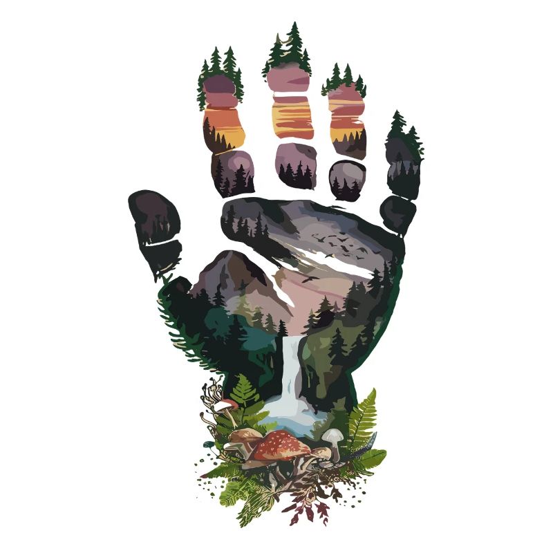 Empreinte de main de la forêt du soir avec cascade et