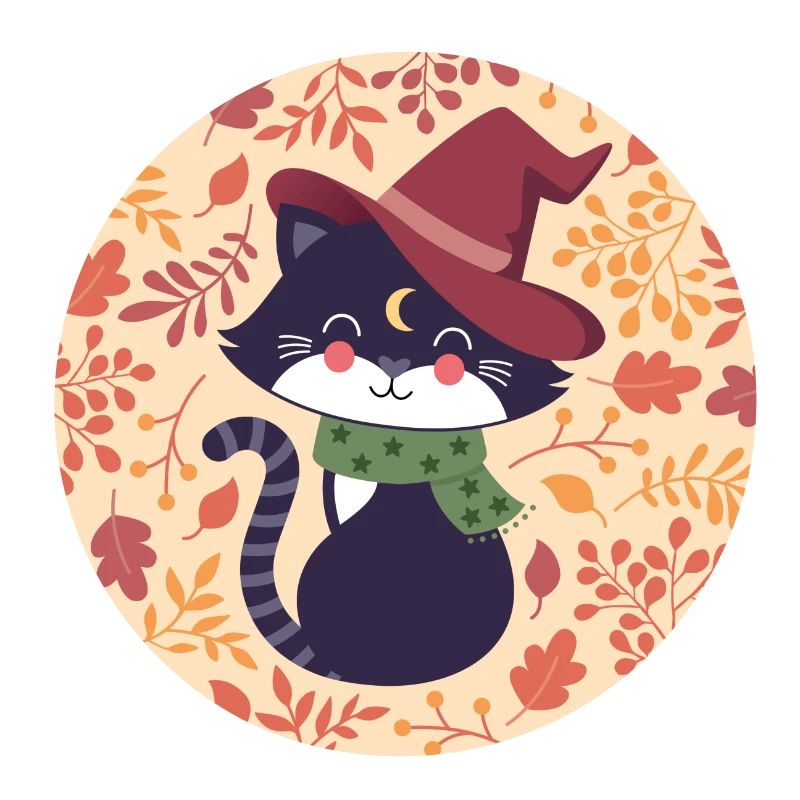 black cat with autumn pattern