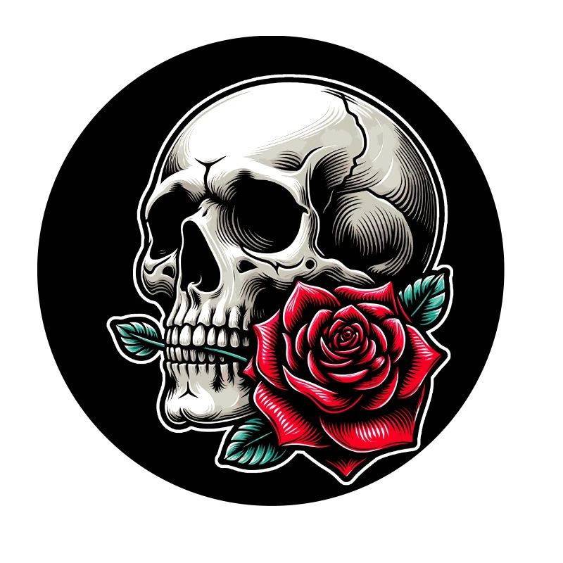 Skull with rose between the teeth