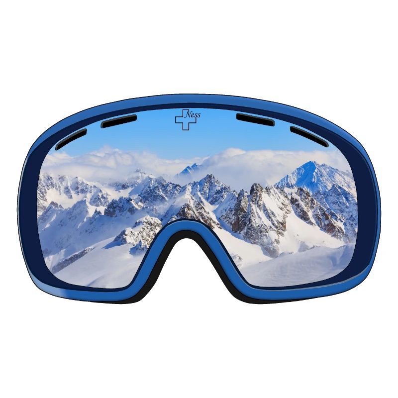 Ski goggles reflect mountain panorama