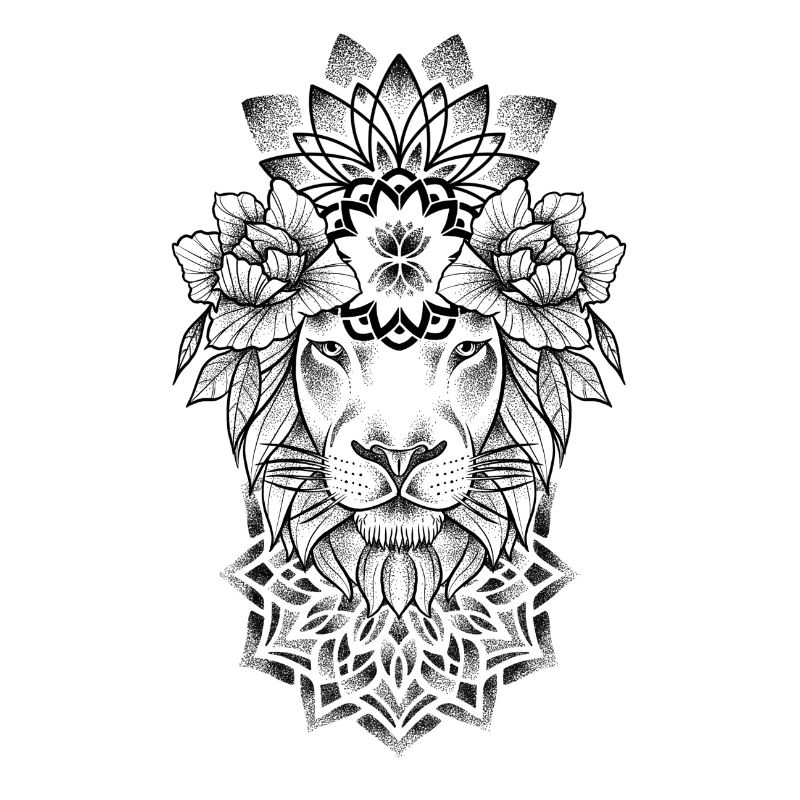 Lion and Mandala dotwork tattoo art