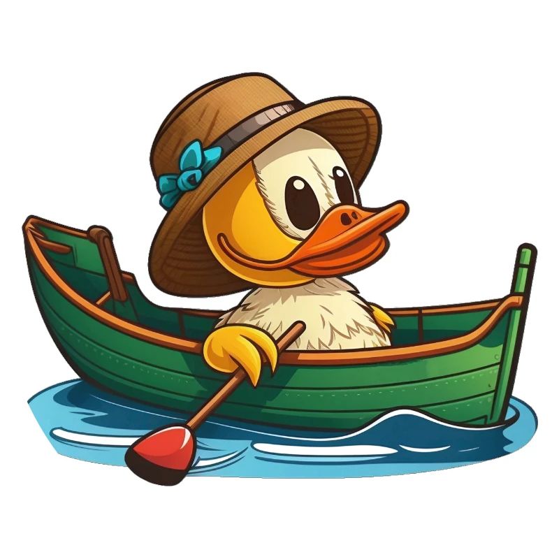 Canard mignon en bateau à rames avec chapeau d’été et fleur