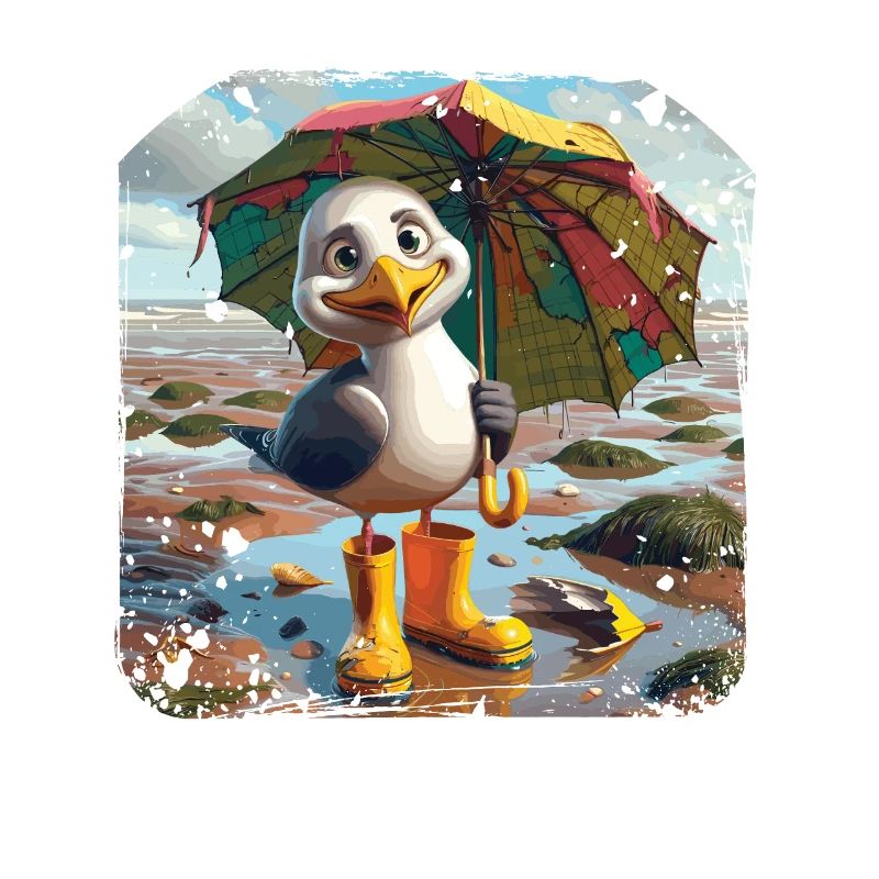 Cheerful seagull with rubber boots and umbrella