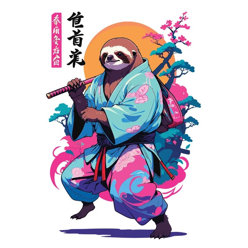 Samurai Sloth Aesthetic Vaporwave Style