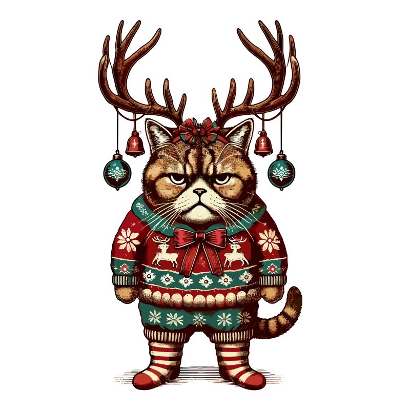 Grumpy Christmas cat with antlers