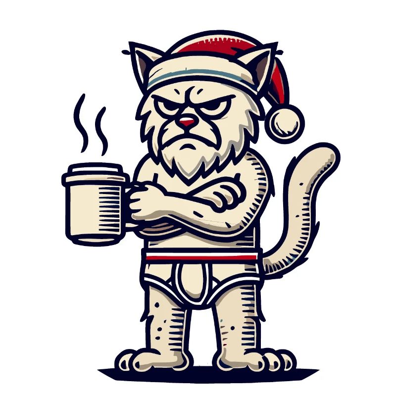 Funny grumpy Christmas cat with coffee