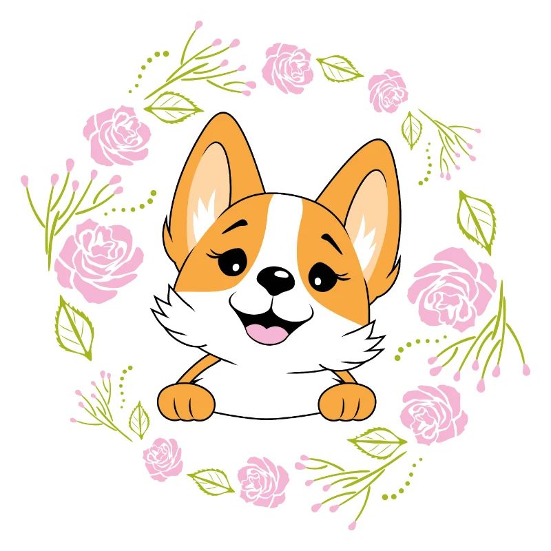 Jeter un coup d’œil heureux chien Corgi dans une couronne de fleurs