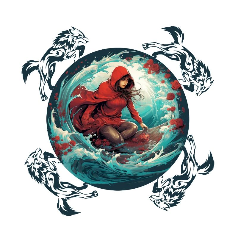 Rotkäppchen surft auf Surfbrett Wolf auf Welle