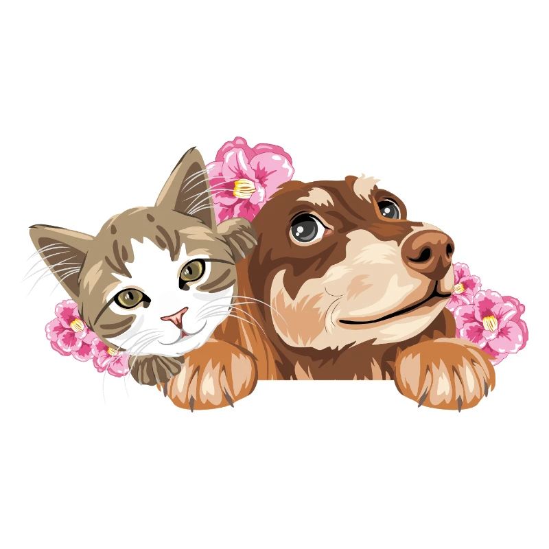 Chat mignon et teckel rêveur avec des fleurs roses