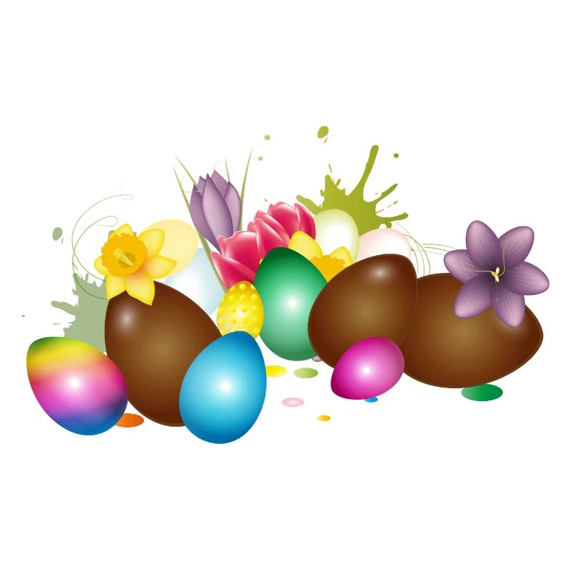 Chocolate Easter eggs with colorful eggs and flowers