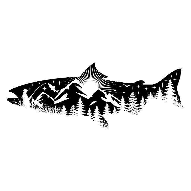 Silhouette Forelle - Angler mit Landschaft