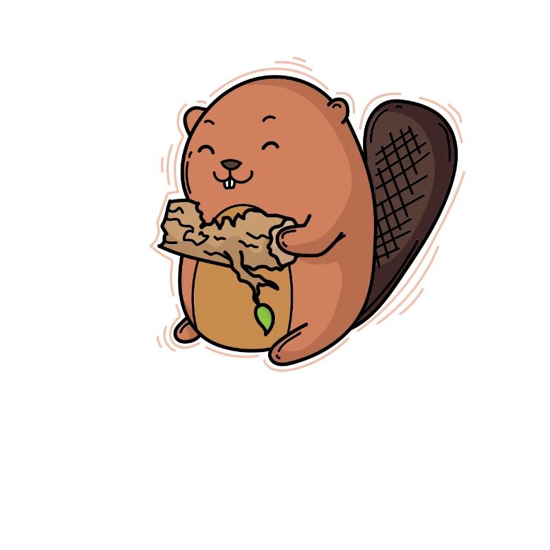 Beaver eats a tree trunk