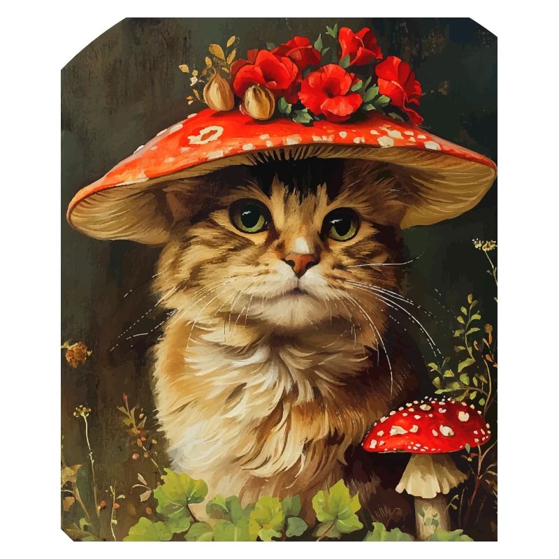 Chat Vintage dans un chapeau de fleur champignon Cottagecore