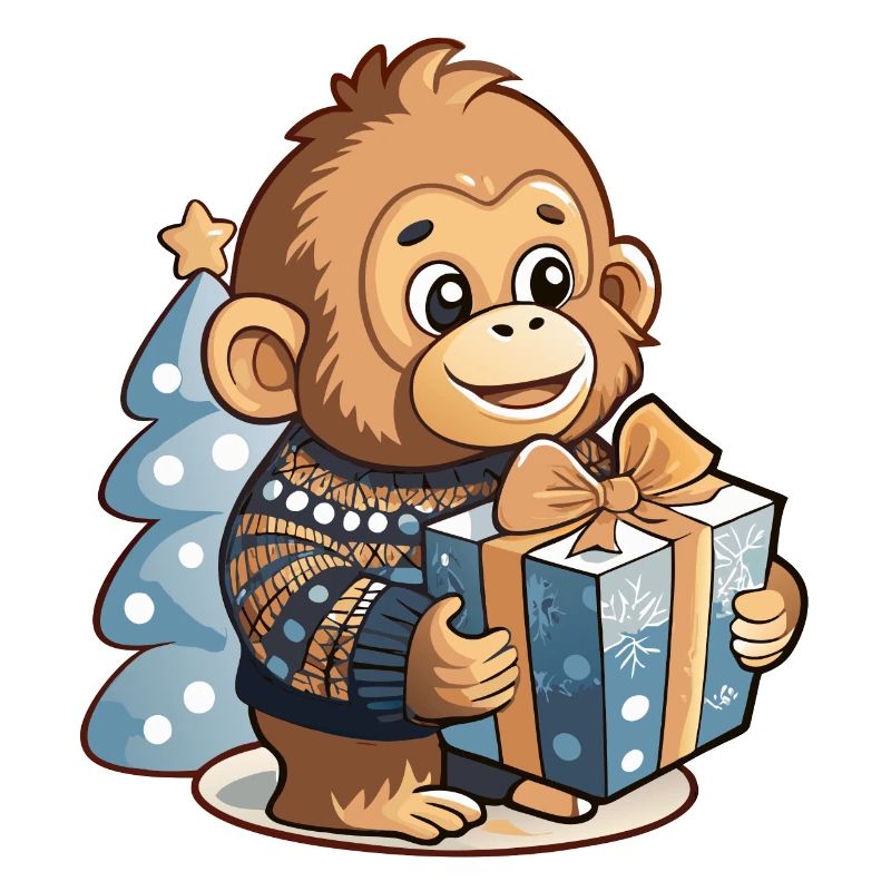 Cute orangutan unwrapping gift