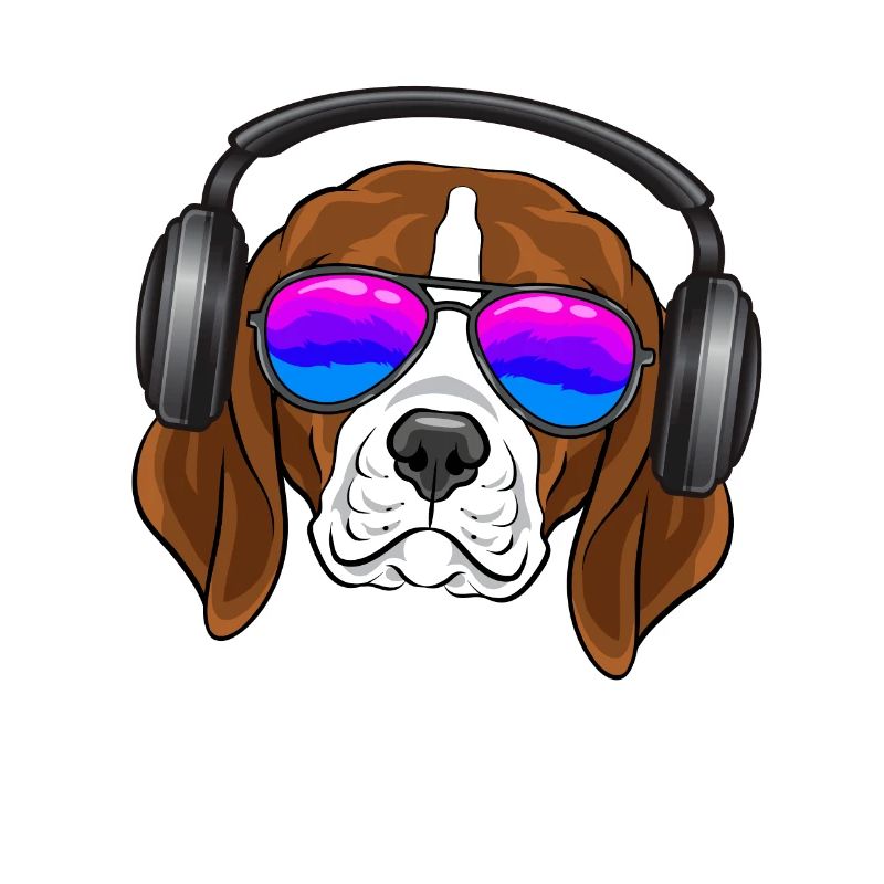 Ein cooler Beagle mit Brille, Kopfhörern, Musik