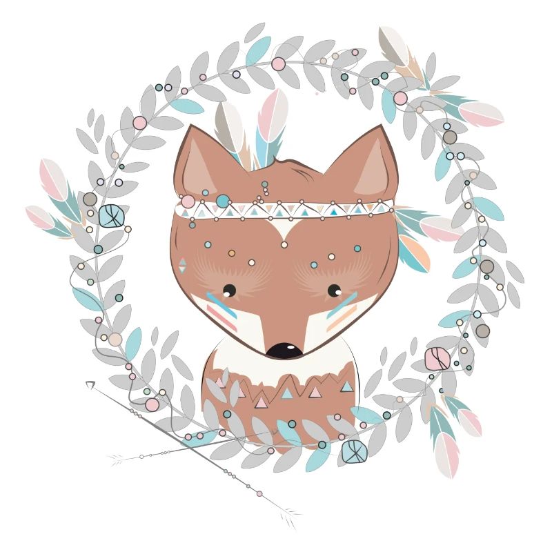 small fox with feather decoration in ethno frame