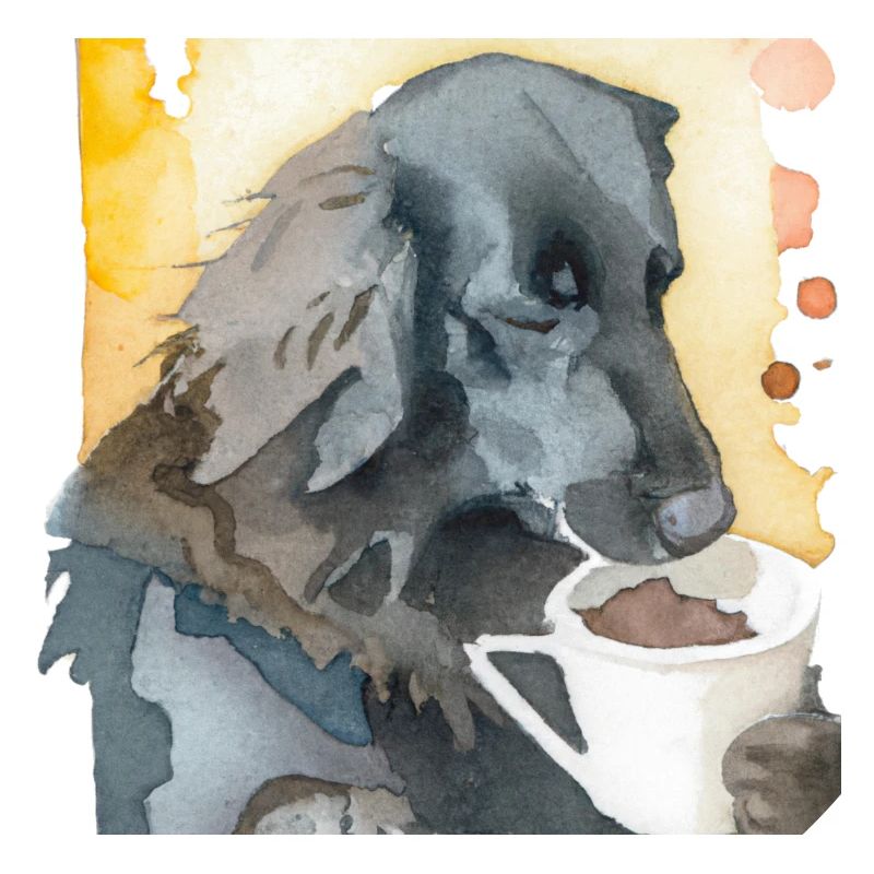 Flat coated retriever drinking coffee