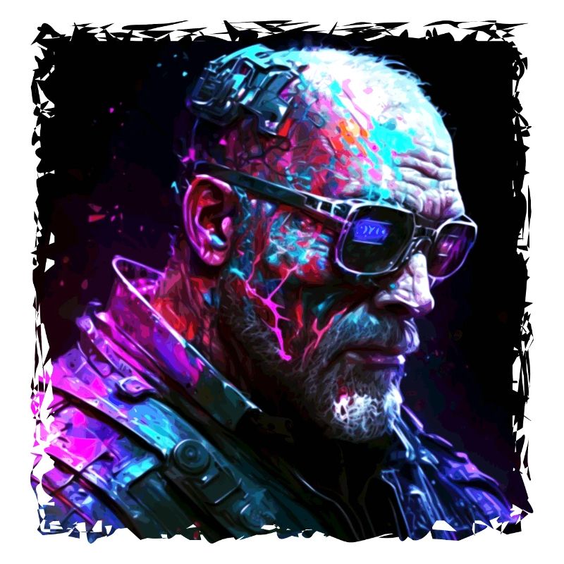 Old high-tech cyborg or android in neon light