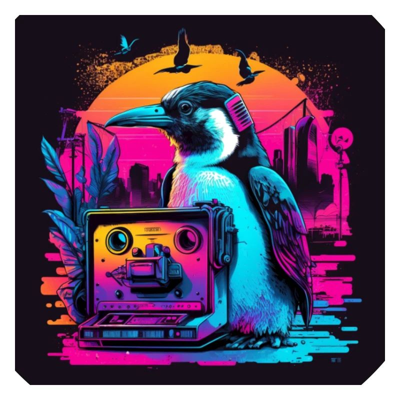 Penguin with neon colors, synthwave / 80s