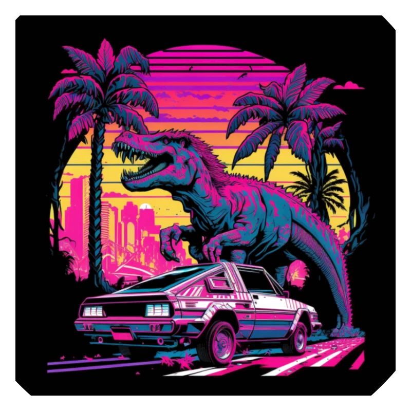 Dinosaurs with neon colors, synthwave / 80s