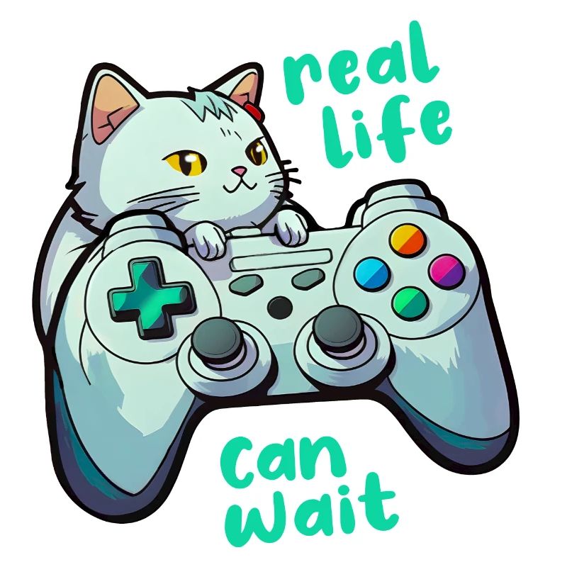 Gamer Katze Controller Spruch Real Life Can Wait