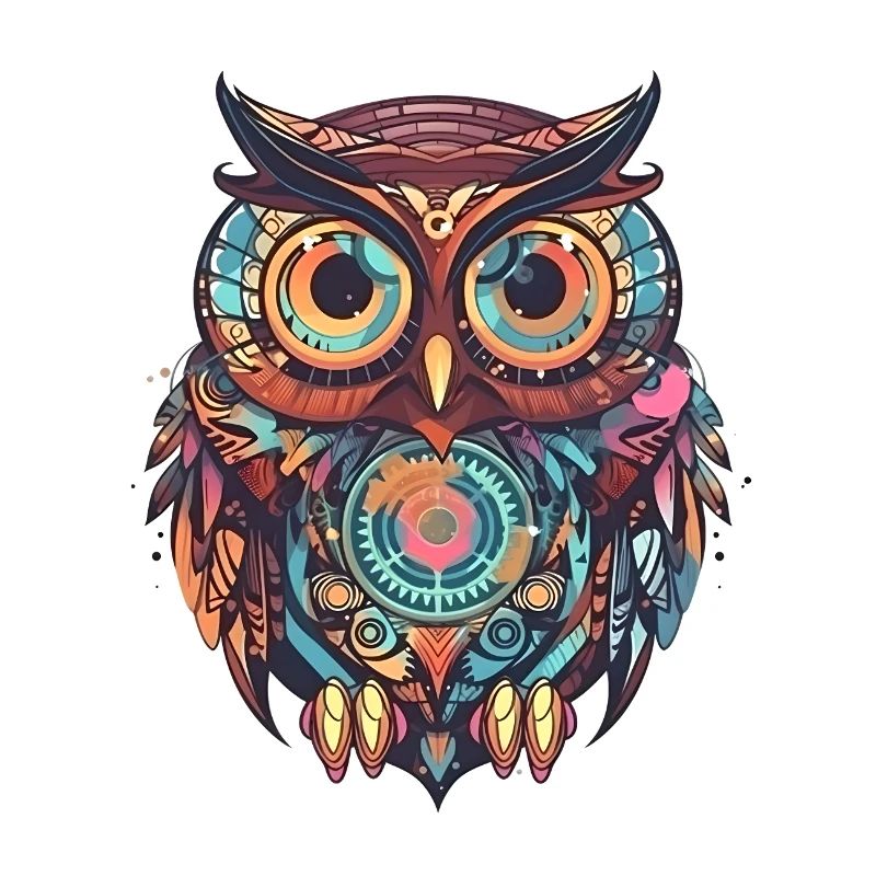 Cute owl with clockwork, comic style, geometric