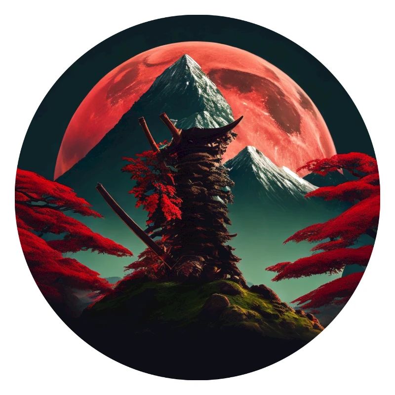 Samurai japanischer Baum vor Berg mit rotem Mond