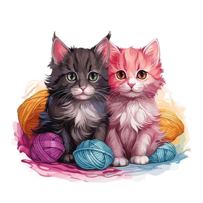 Deux chatons avec pelote de laine dans un style graphique vectoriel