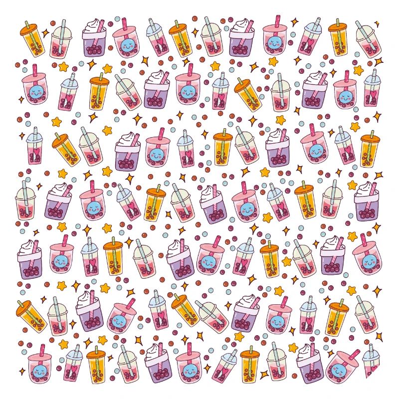 Kawaii Bubble Tea Pattern With Stars and Bubbles