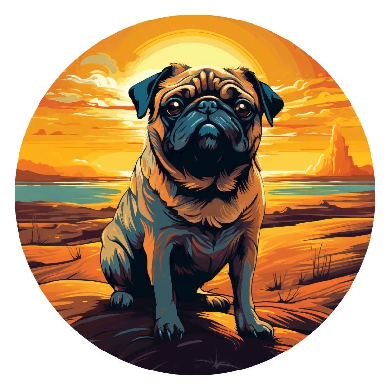 Mops in der Wüste bei Sonnenuntergang