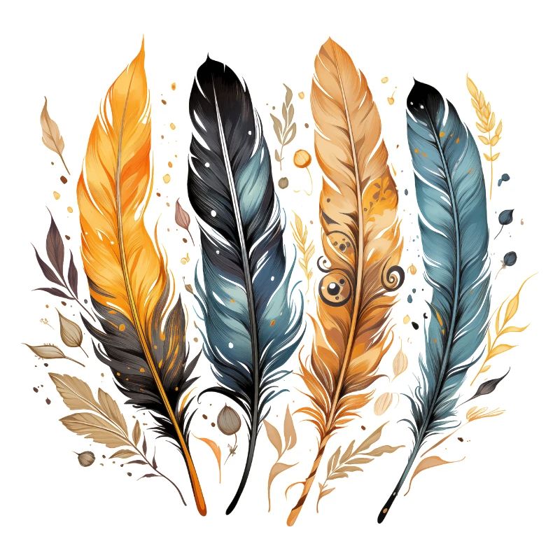 4 single bird feathers side by side, Native American