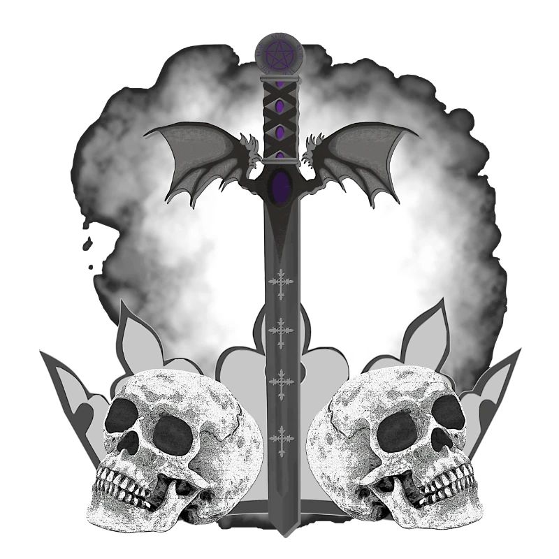 Menschenschädel, Schwerter, Dämonenflügel, vanitas