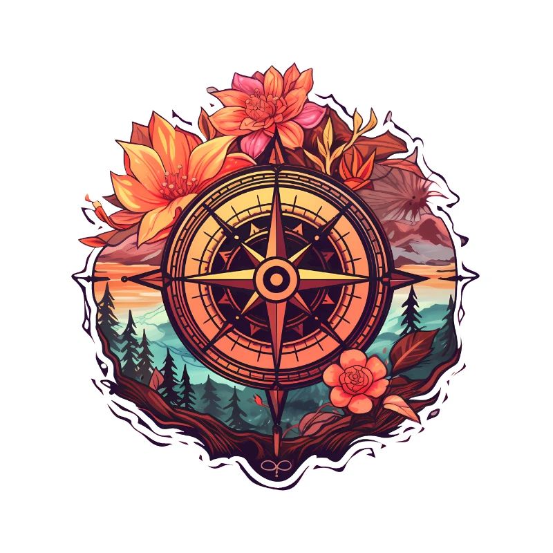 Beautiful Boho Compass with Flowers and Trees