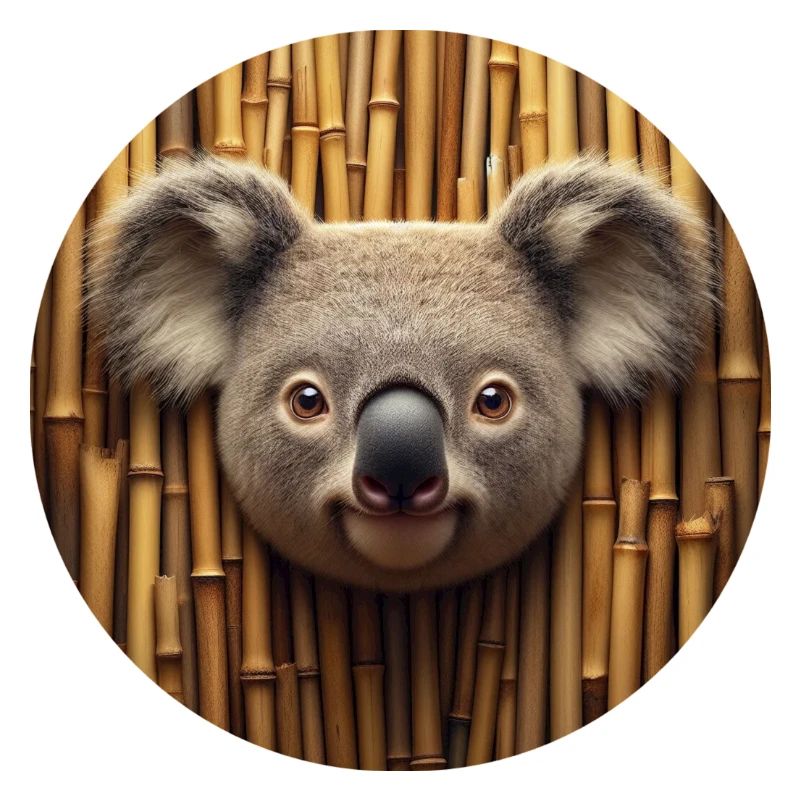 Tête de koala devant un mur de bambou