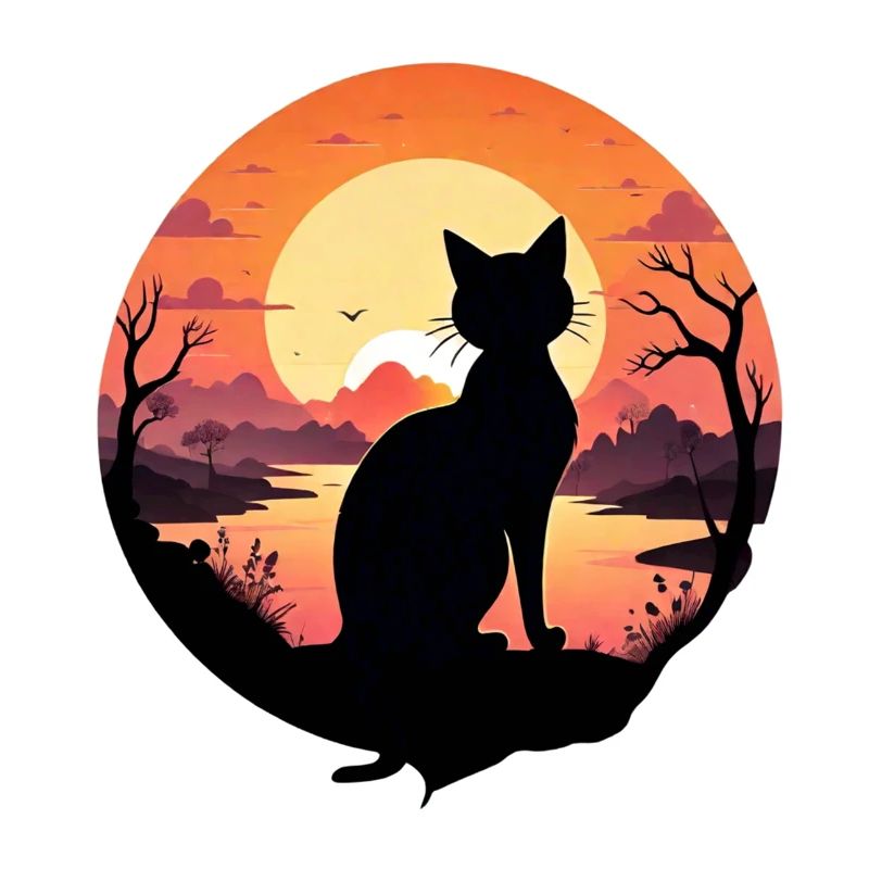chat paysage et coucher de soleil