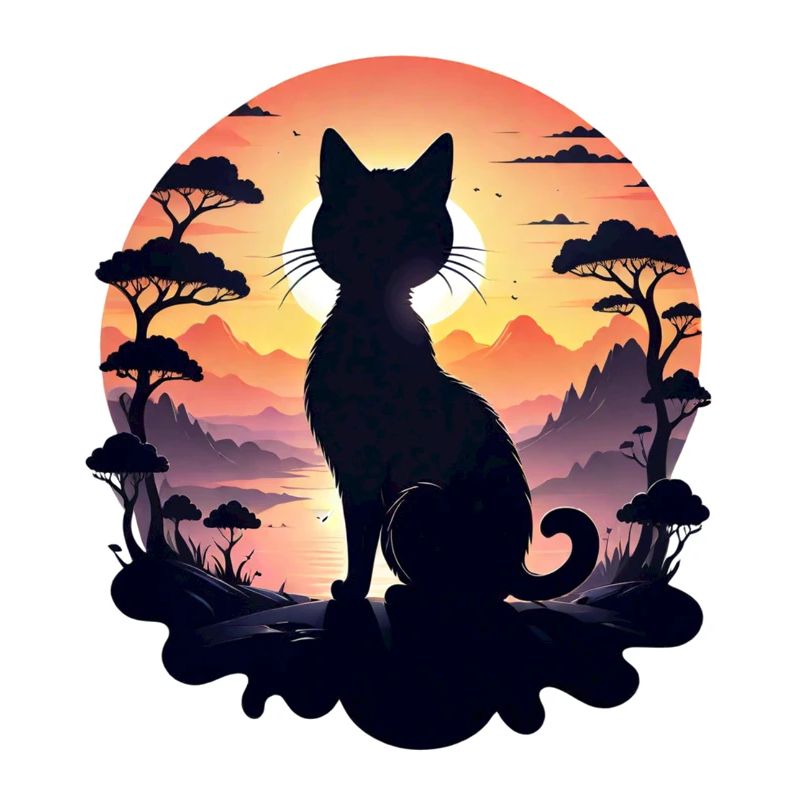 chat paysage et coucher de soleil
