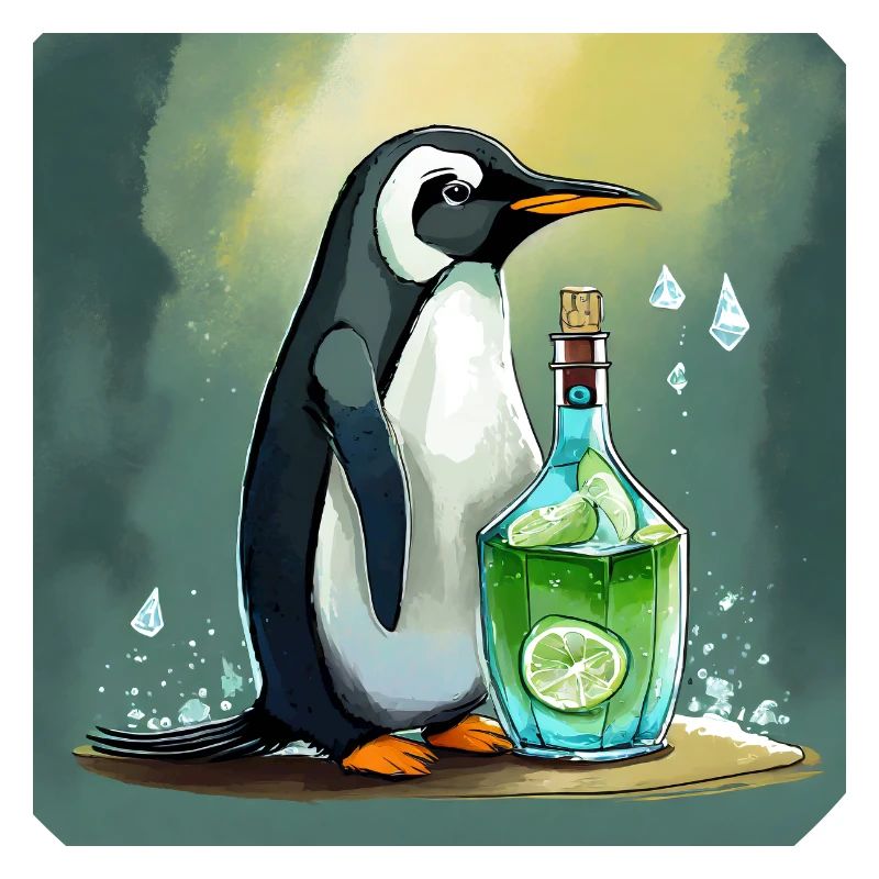 Pinguin mit einer Gin-Tonic-Flasche