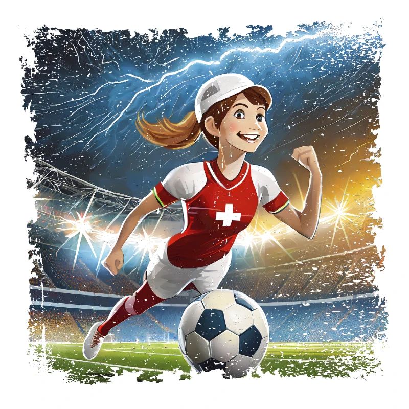 Fussballerin Comicfigur Stadion mit Blitzen