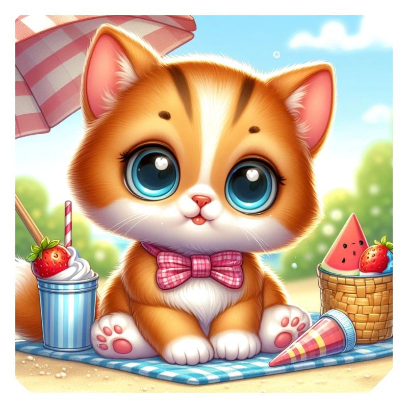 Cute summer kitten/towel beach with snacks
