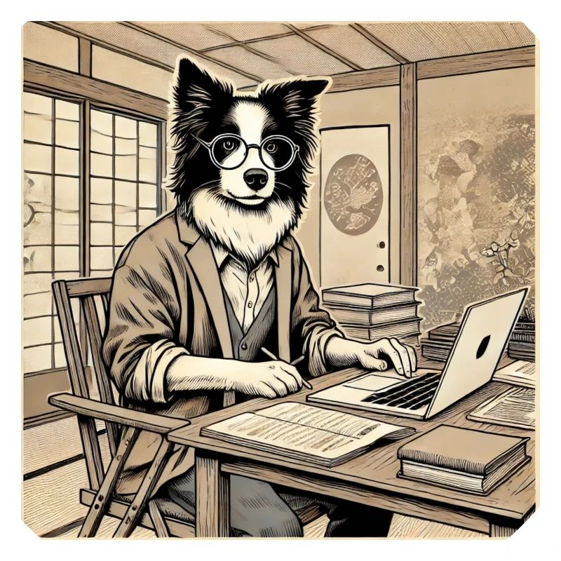 Border Collie am Schreibtisch - Ukiyo-e Stil
