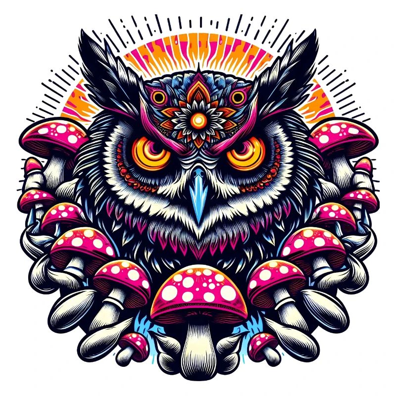 Bunte Eule mit Pilzen
