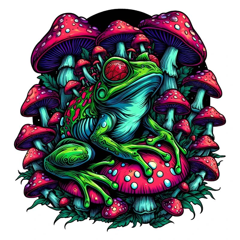 Psychedelic frog with mushrooms