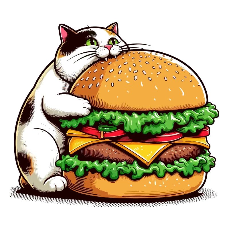 Cat eating a huge burger