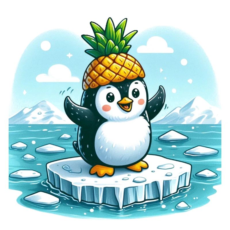 Witziger Pinguin mit Ananas auf Eisscholle