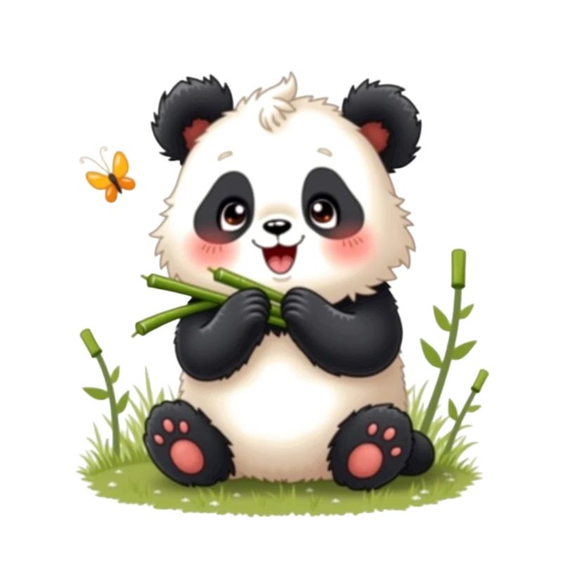 Mignon panda de dessin animé avec bambou et papillon
