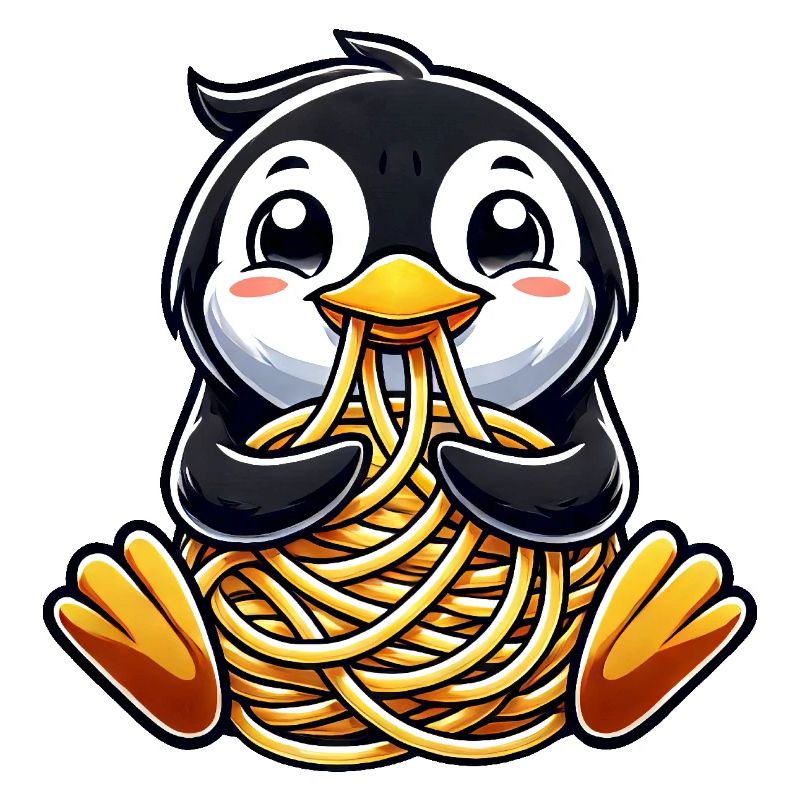 Clumsy penguin eats spaghetti