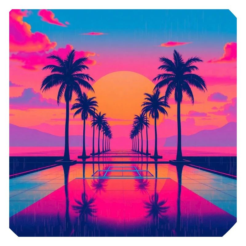 80s retro sunset scene featuring palm trees ne,mia