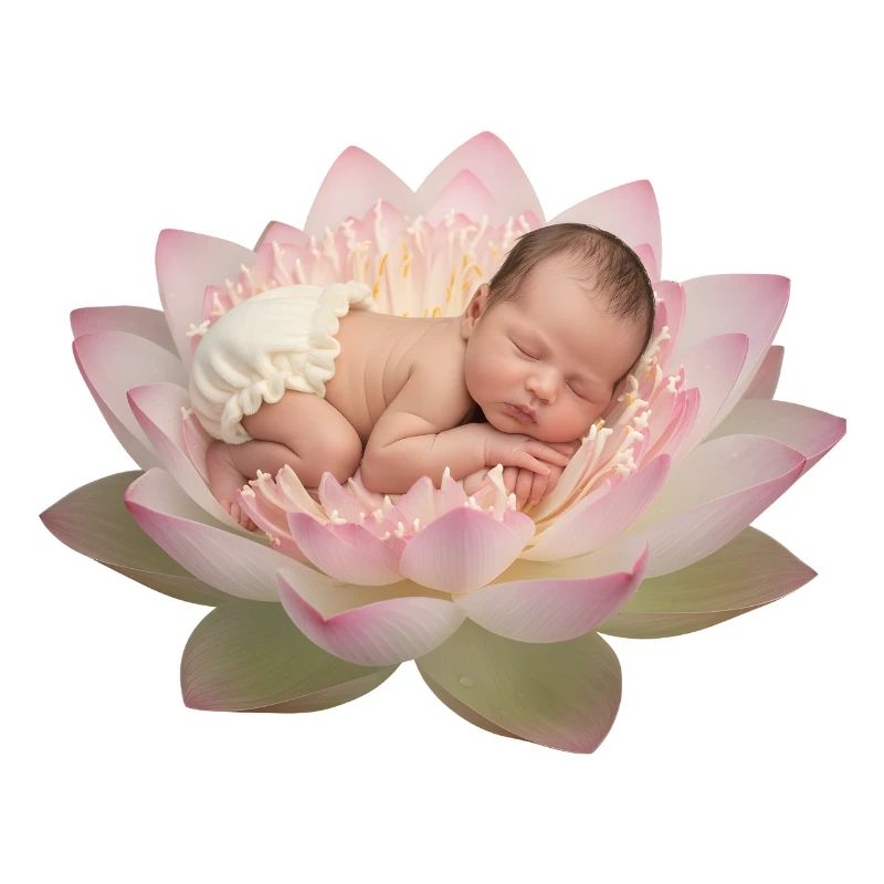 Bébé bébé avec une couche dormant sur une fleur de lotus ouverte